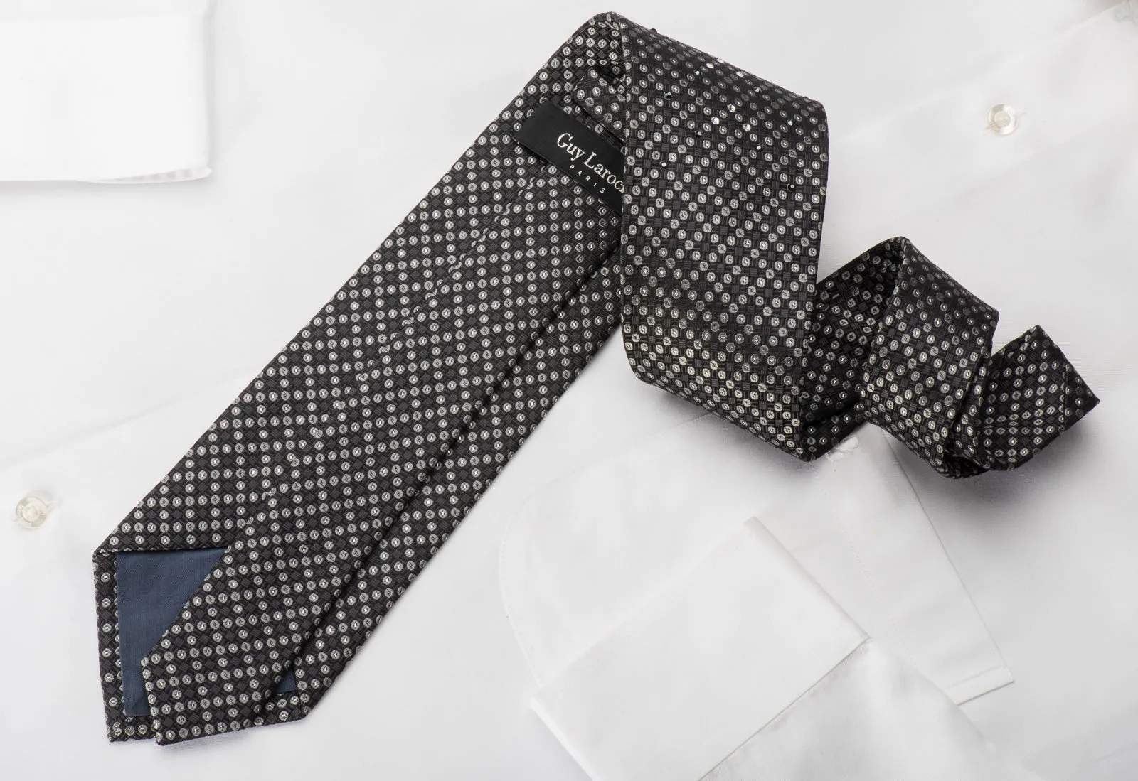 Guy Laroche Rhinestone Silk Necktie Silver Dots On Black With Silver Sparkles