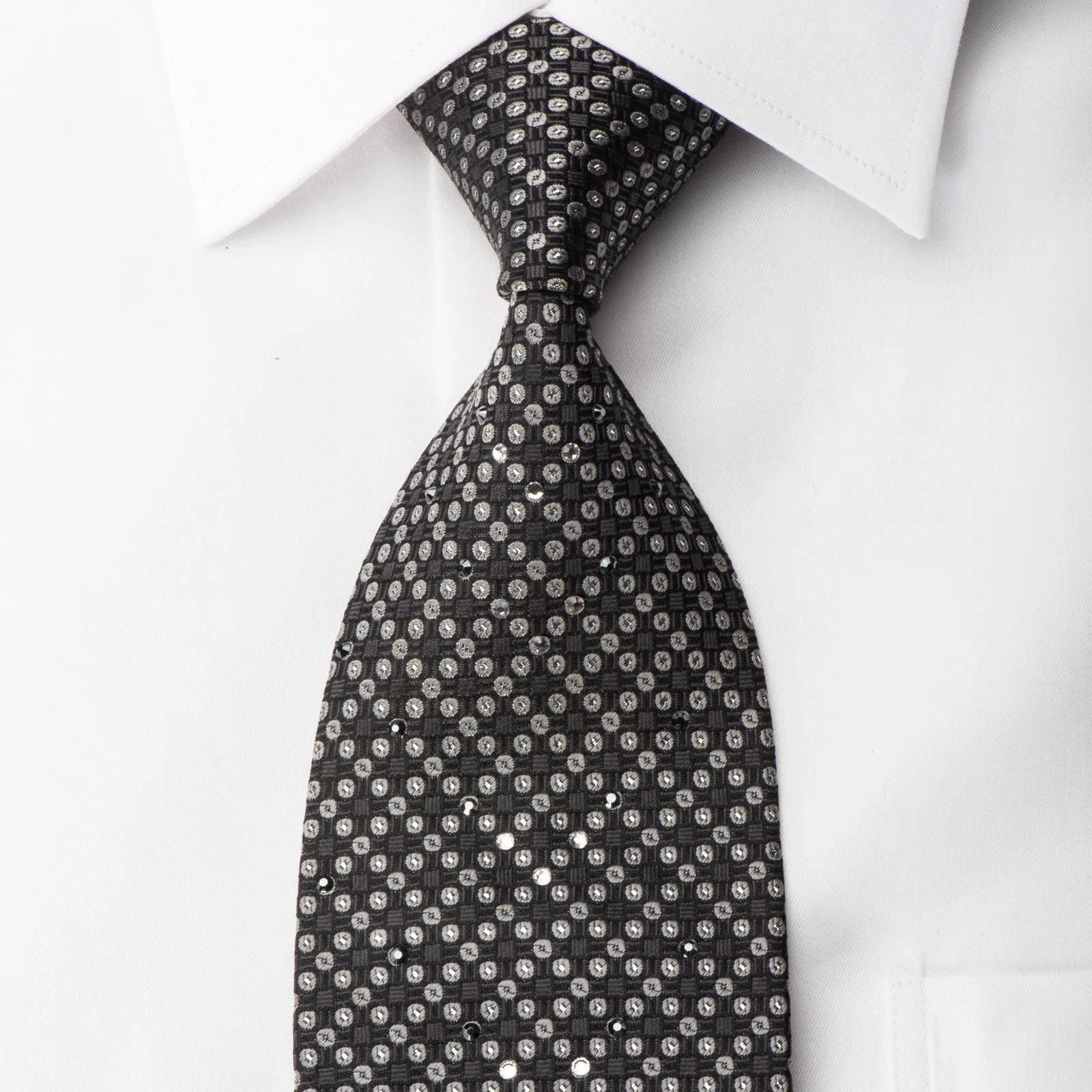 Guy Laroche Rhinestone Silk Necktie Silver Dots On Black With Silver Sparkles