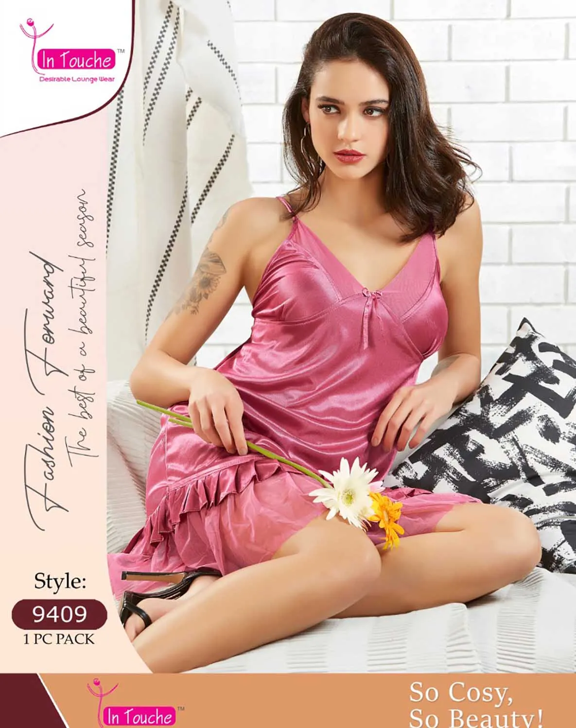 In Touche Pink Soft Satin Nighty Bridal Sexy Nightwear