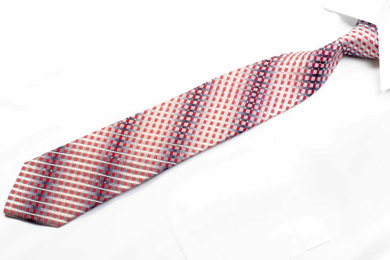 Indian Leaders Rhinestone Silk Necktie Burgundy Silver Geometric With Sparkles