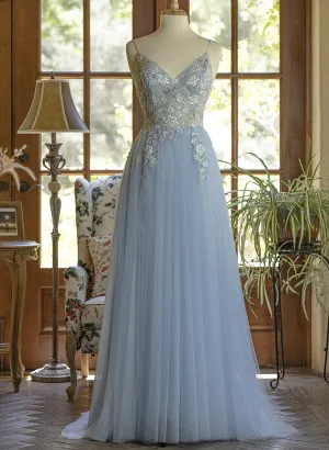 Light Blue Tulle V-neckline Straps with Lace Long Party Dress, Blue A-line Prom Dress