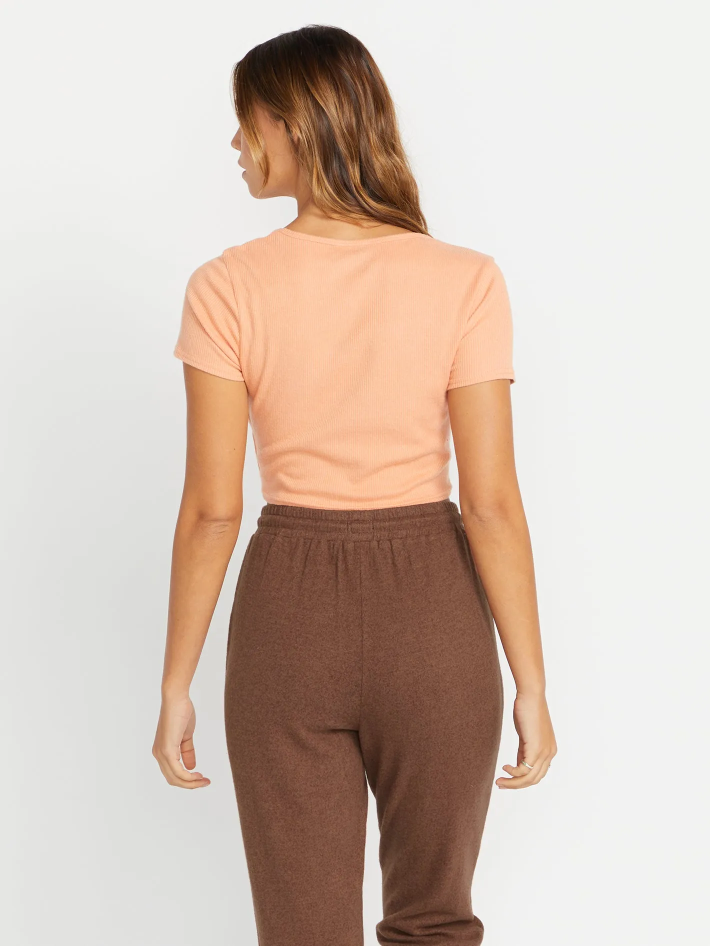 Lived in Lounge Rib Tie Front Short Sleeve Shirt - Clay