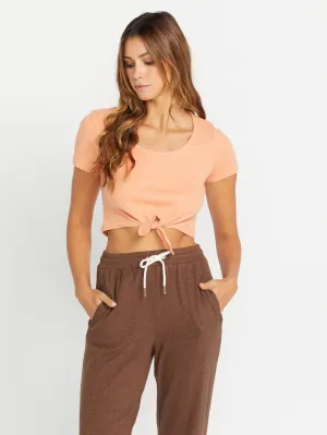 Lived in Lounge Rib Tie Front Short Sleeve Shirt - Clay