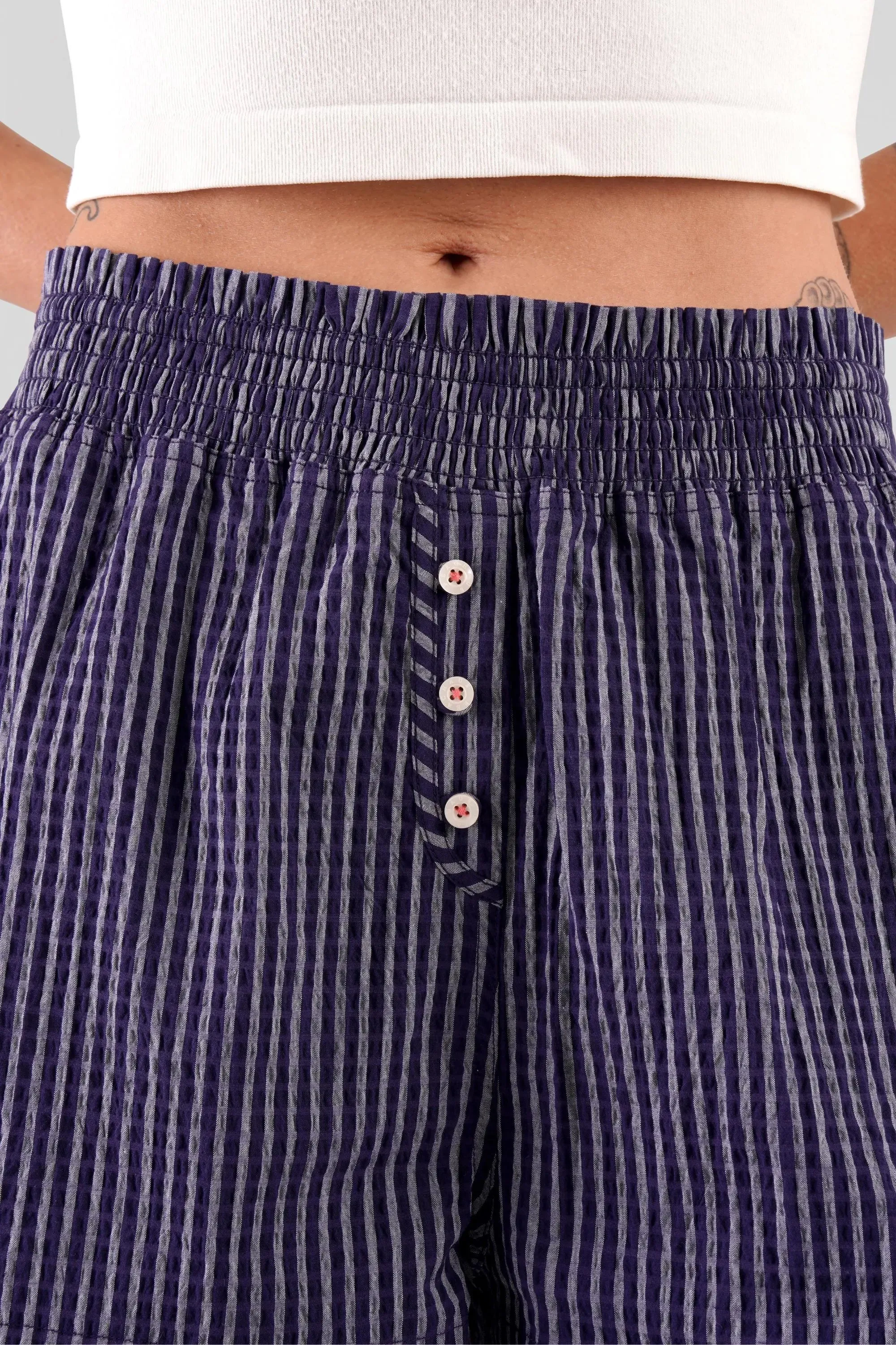 Lomandra Striped Ethical-Cotton Pyjama  Shorts - Indigo Blue