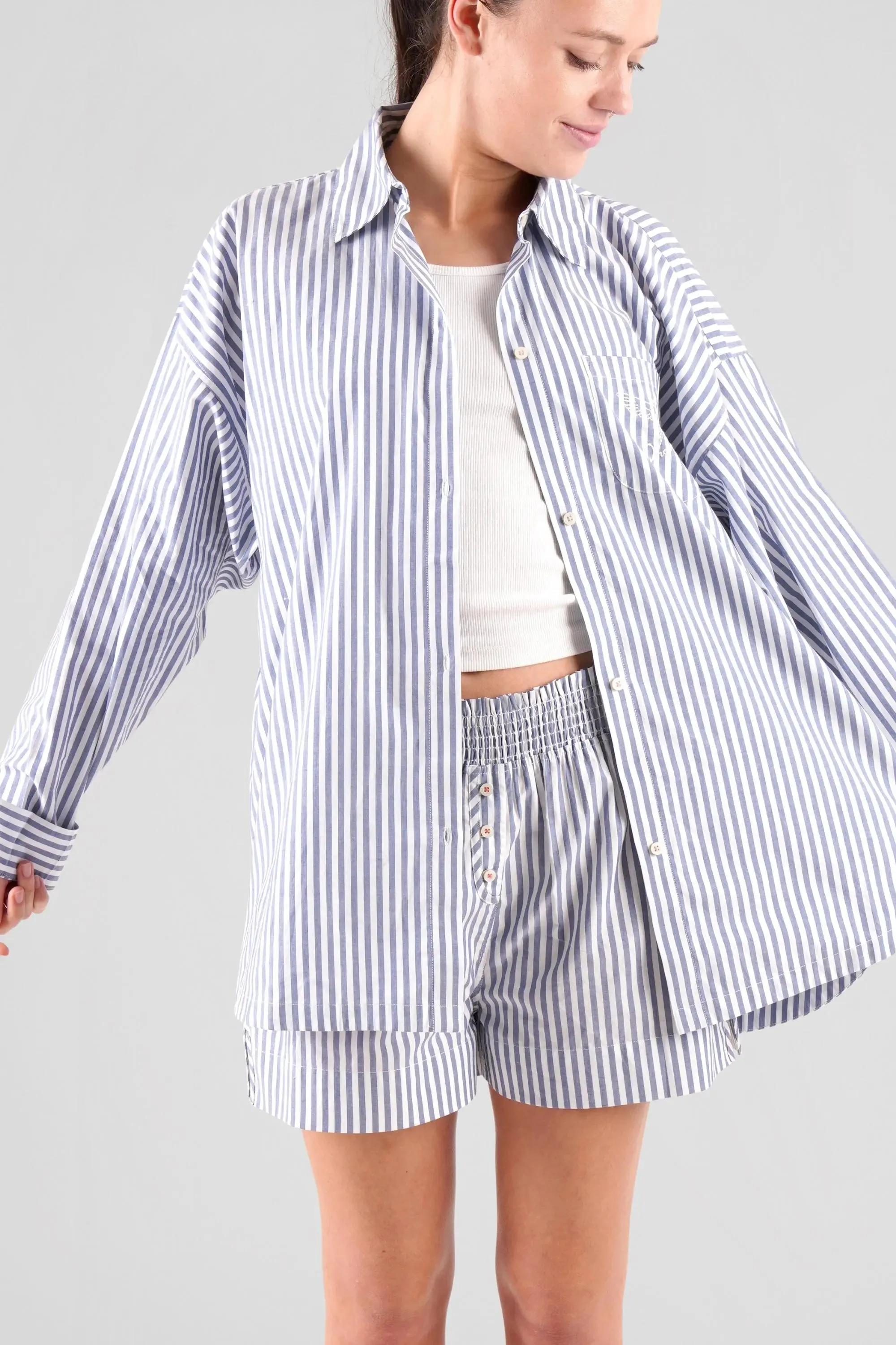 Lomandra Striped Ethical-Cotton Pyjama Shorts - Oceanic Blue
