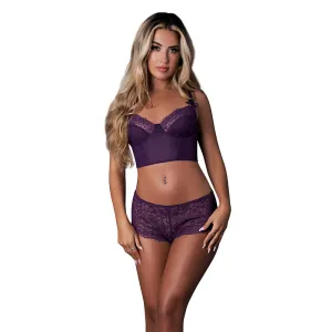 Plum Magic Silk Leather & Lace Balconette Bustier Set with Cheeky Shorts - Size L/XL