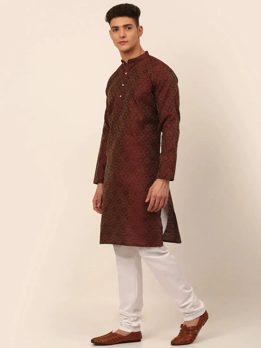 Men Maroon Floral Printed Kurta Only