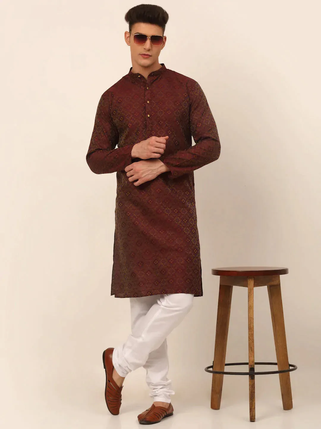 Men Maroon Floral Printed Kurta Only