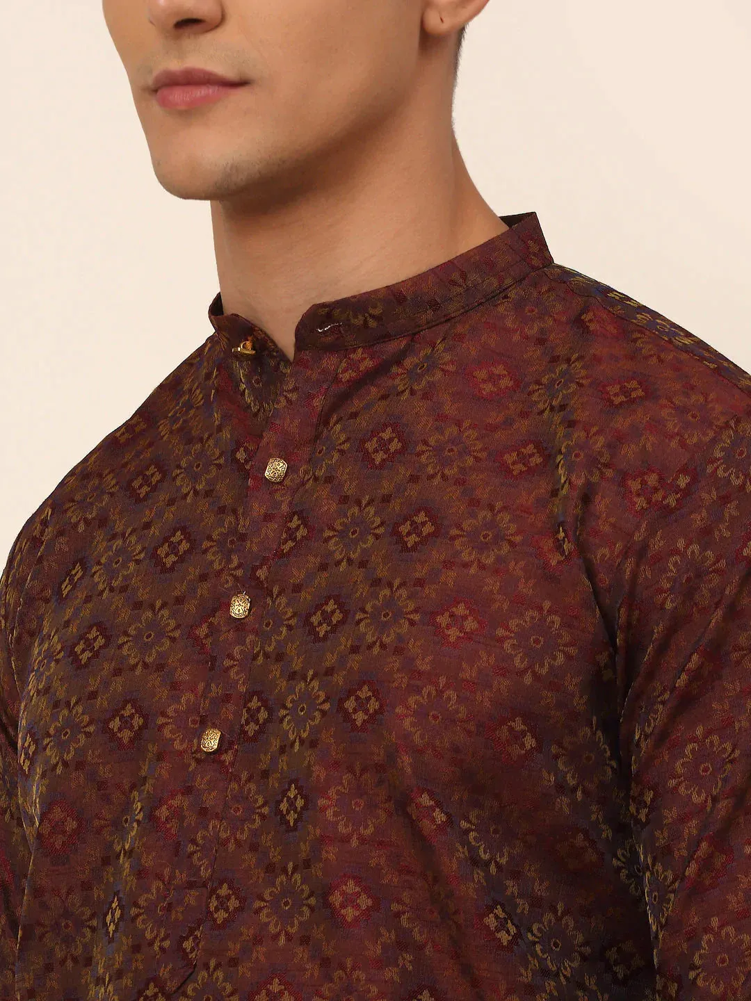 Men Maroon Floral Printed Kurta Only
