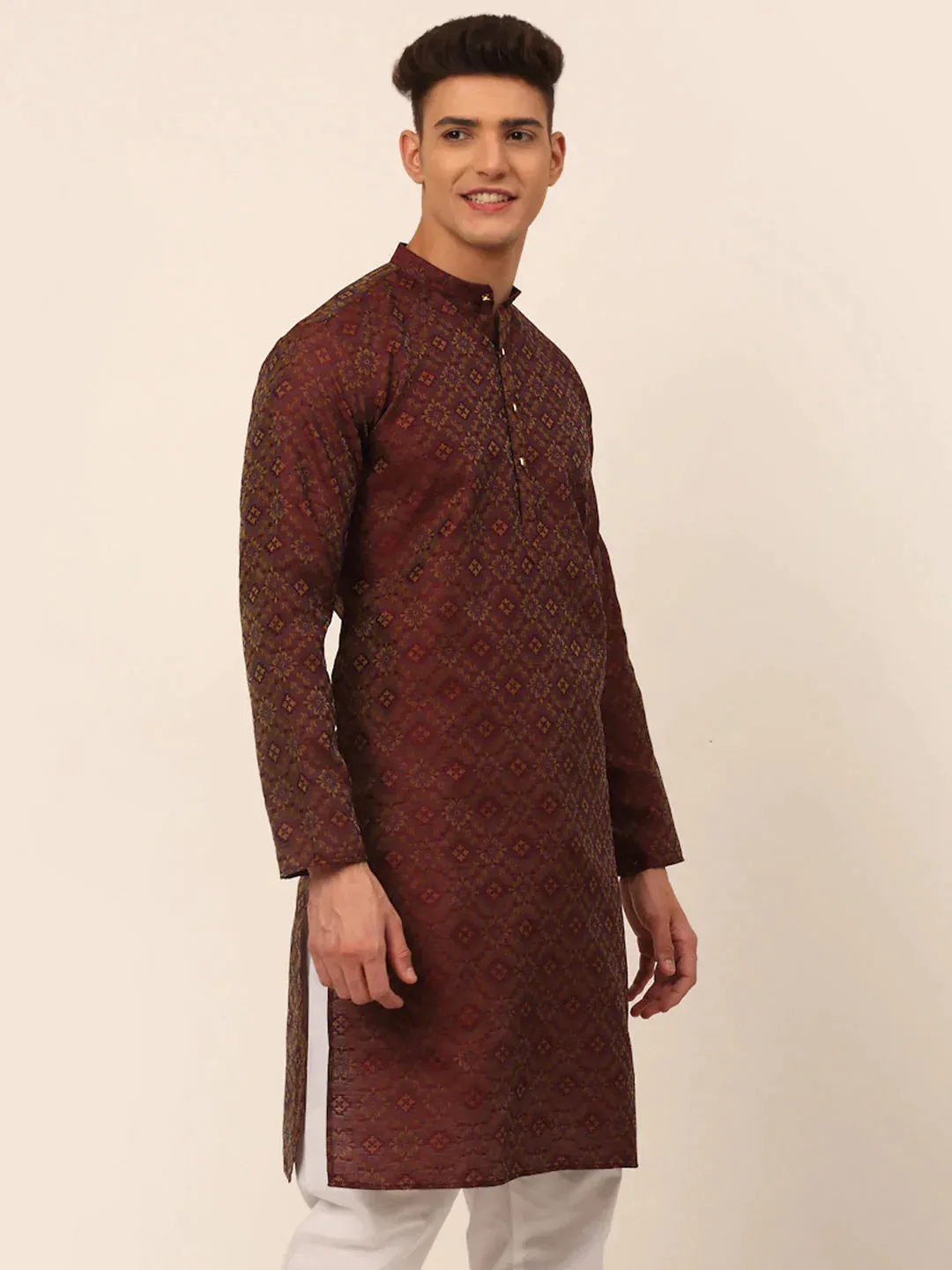 Men Maroon Floral Printed Kurta Only