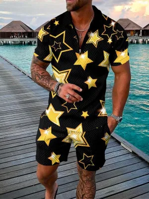 Men's Summer Style 3D Printed Short Sleeve Zip Lapel Shirt Set