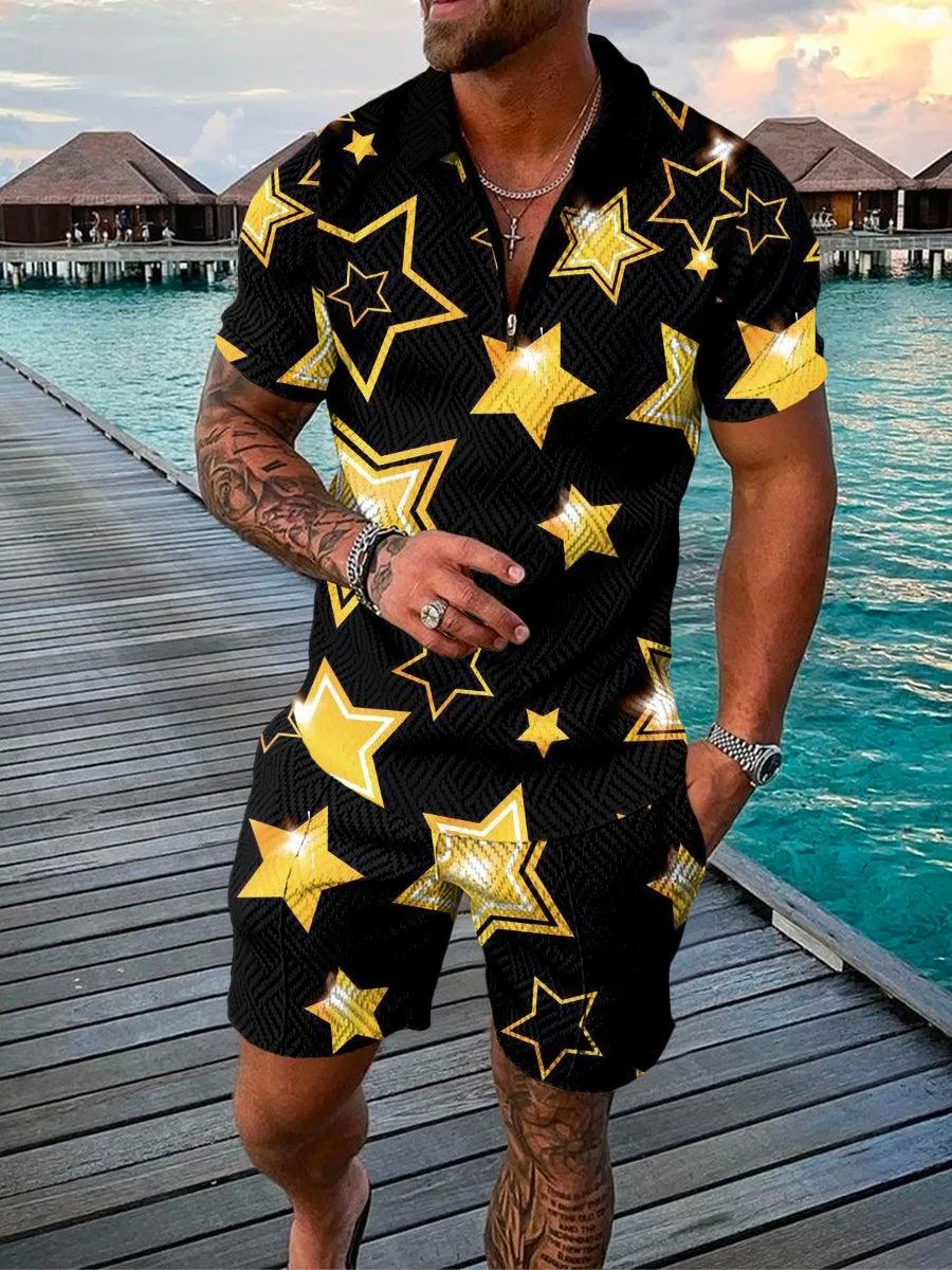 Men's Summer Style 3D Printed Short Sleeve Zip Lapel Shirt Set