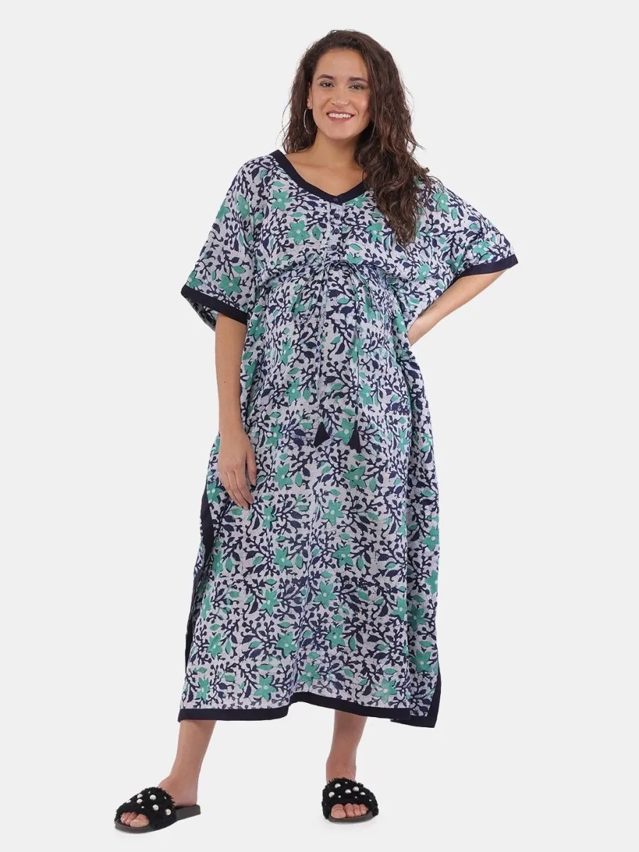 Navy Blue & Aqua Batik Dyed Maternity and Feeding Nighty Kaftan