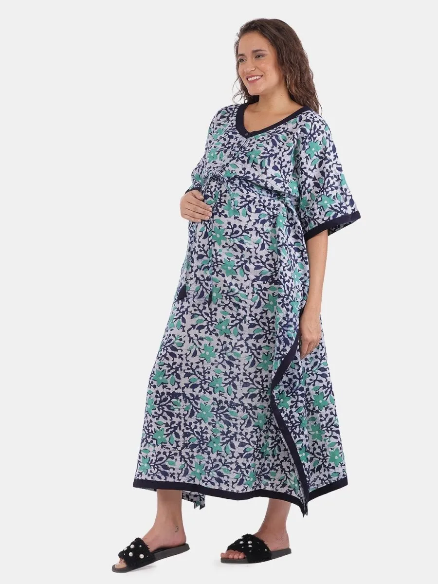 Navy Blue & Aqua Batik Dyed Maternity and Feeding Nighty Kaftan