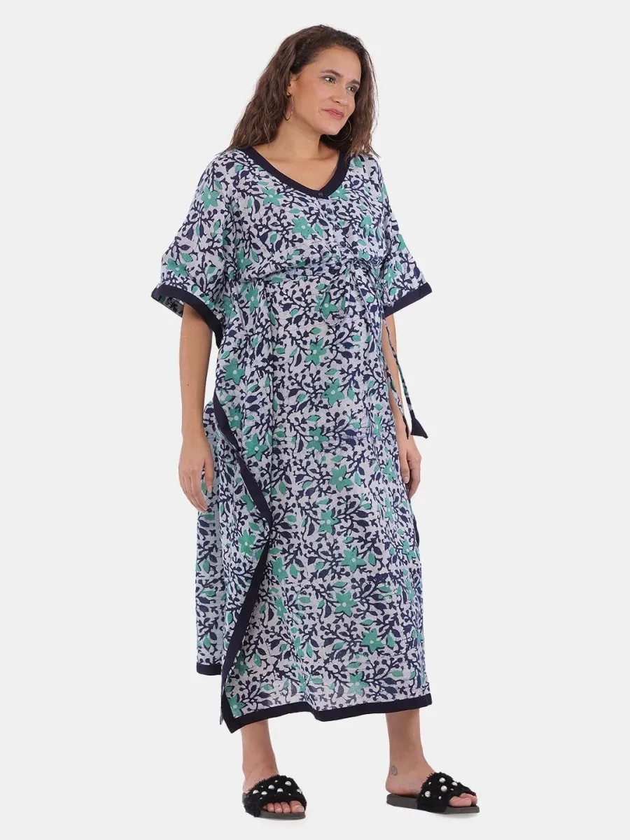Navy Blue & Aqua Batik Dyed Maternity and Feeding Nighty Kaftan