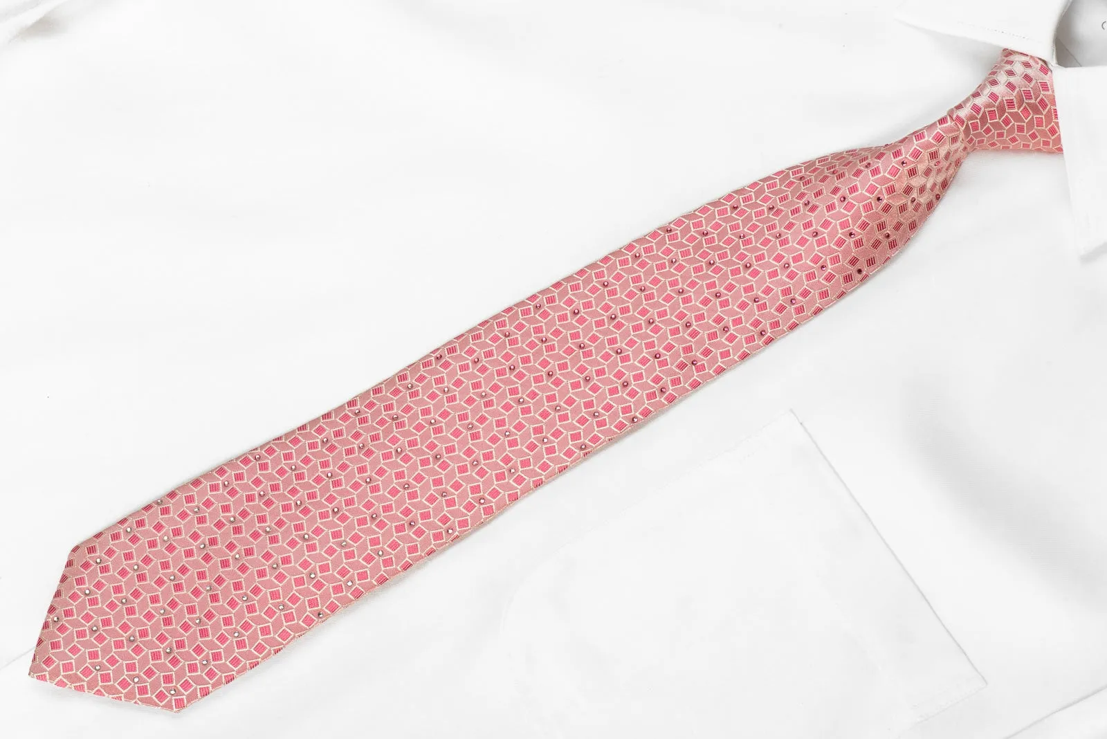 Nicole St Giles Men's Crystal Rhinestone Silk Tie Geometric On Pink