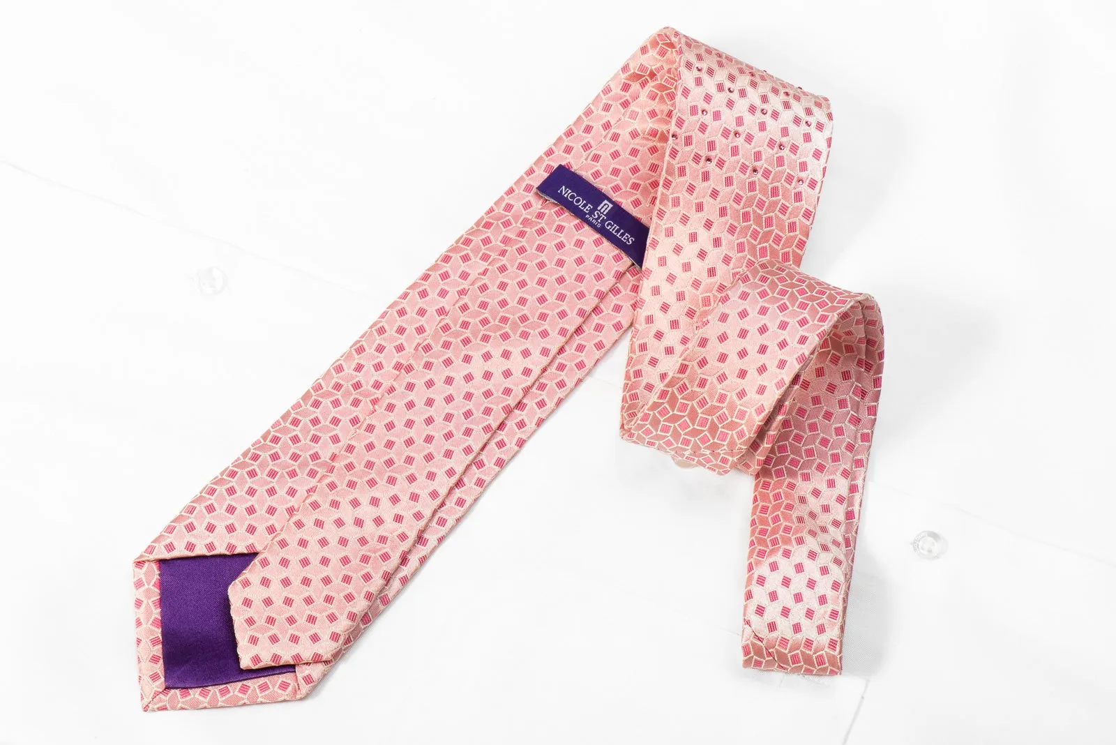 Nicole St Giles Men's Crystal Rhinestone Silk Tie Geometric On Pink