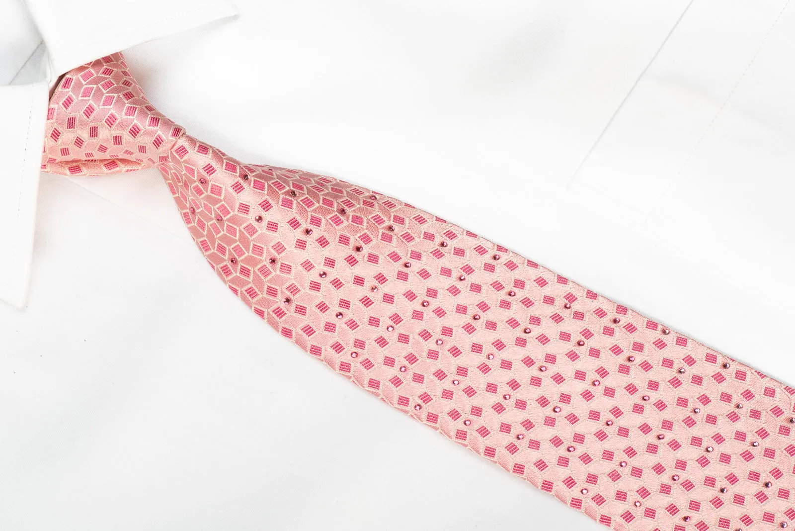 Nicole St Giles Men's Crystal Rhinestone Silk Tie Geometric On Pink