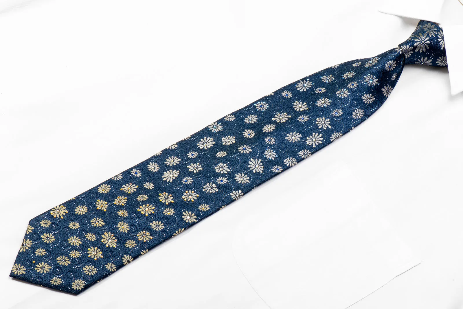 Nicole St Giles Rhinestone Tie Silver Floral On Blue With Sparkles