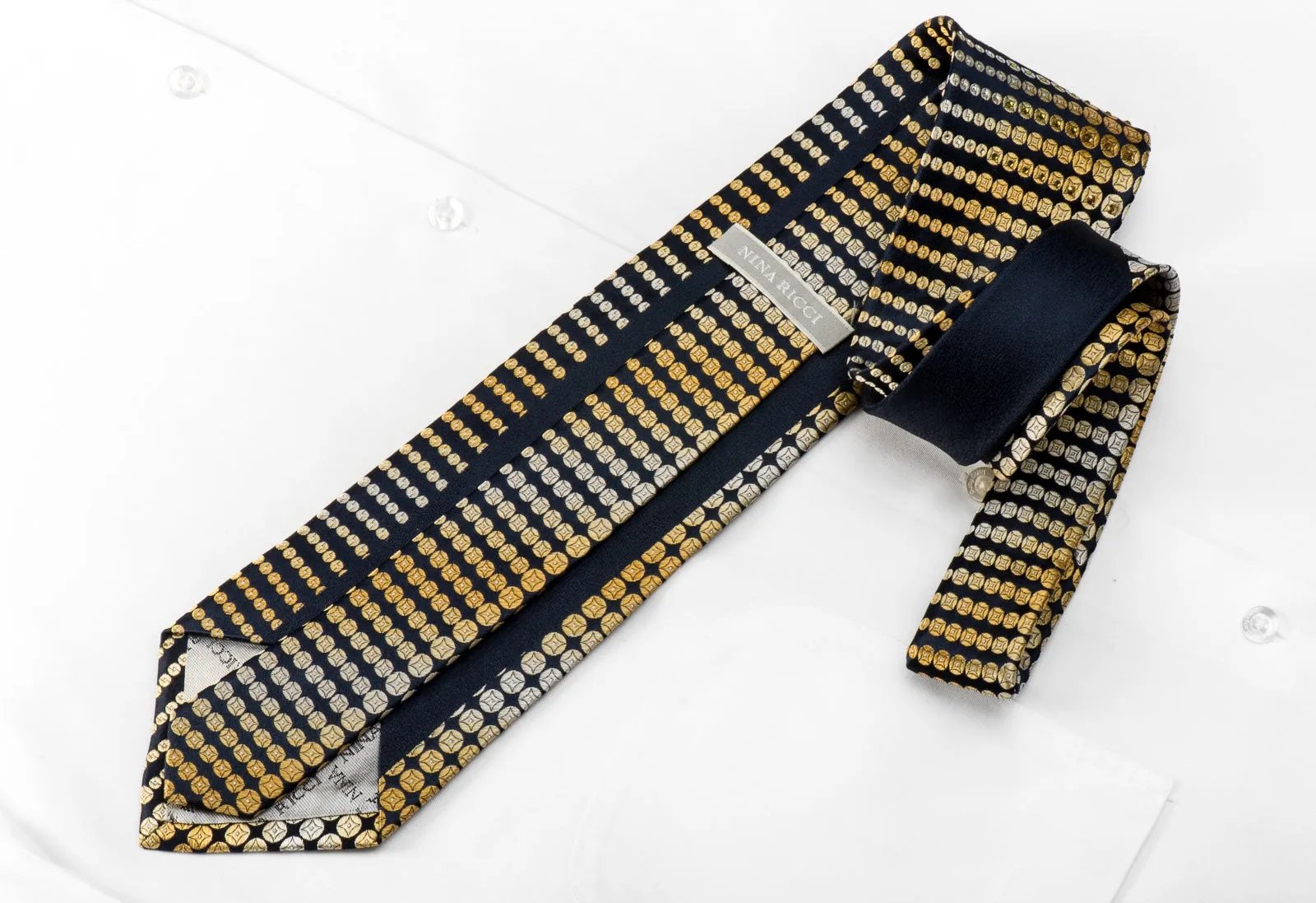 Nina Ricci Men's Crystal Silk Tie Yellow Geometric Dots On Navy