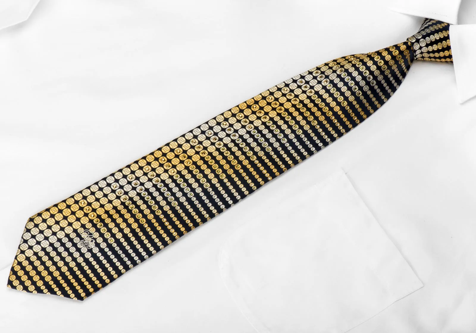 Nina Ricci Men's Crystal Silk Tie Yellow Geometric Dots On Navy