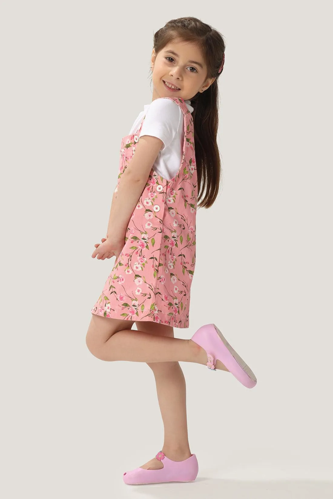 One Friday Baby Girls Pink Floral Printed Dungaree with White Tee