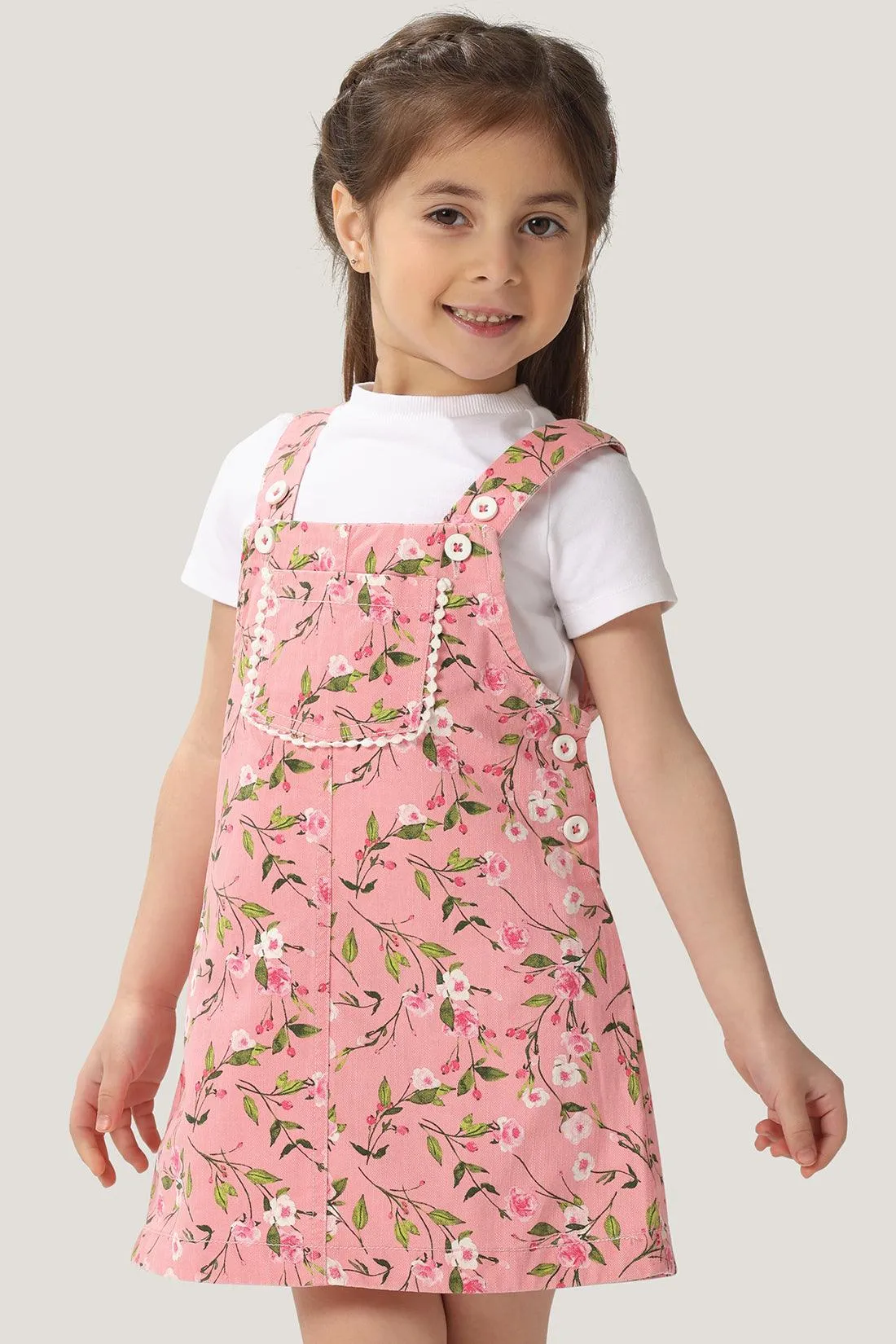 One Friday Baby Girls Pink Floral Printed Dungaree with White Tee