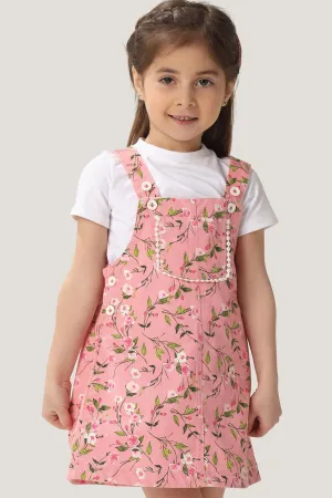 One Friday Baby Girls Pink Floral Printed Dungaree with White Tee