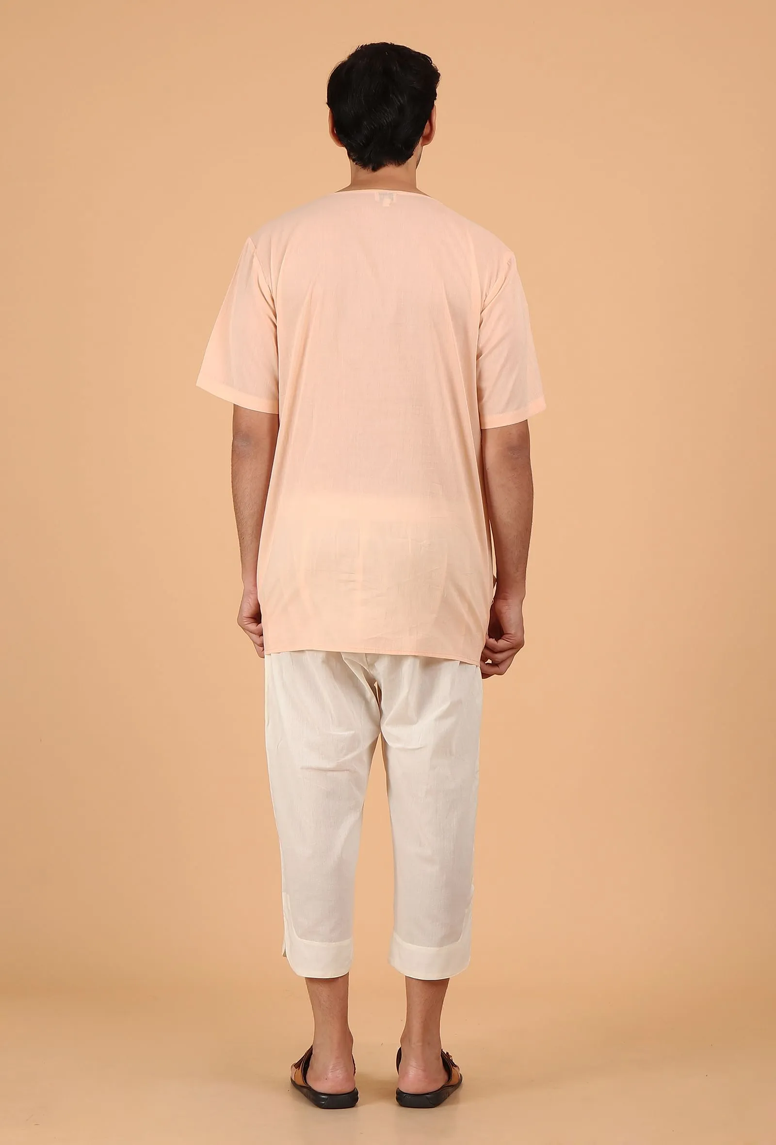 Peach Cotton Mulmul Short Kurta & White Three Quarter Pant