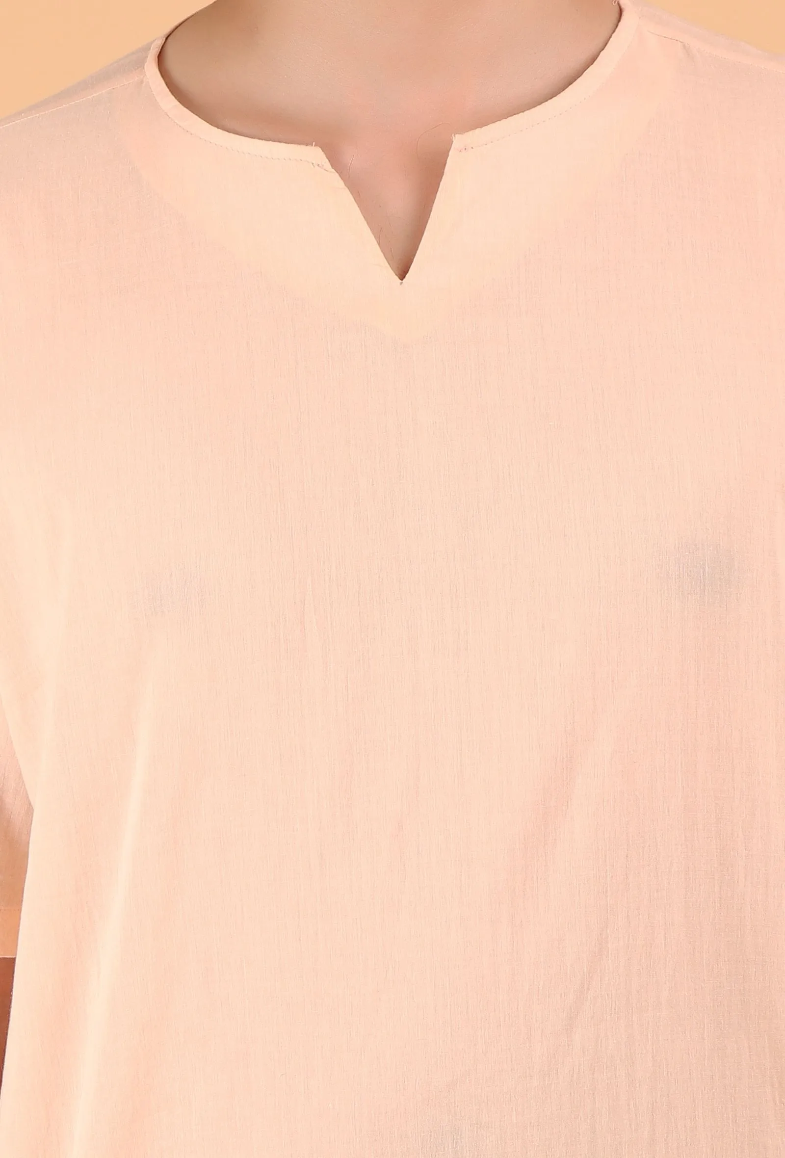 Peach Cotton Mulmul Short Kurta & White Three Quarter Pant