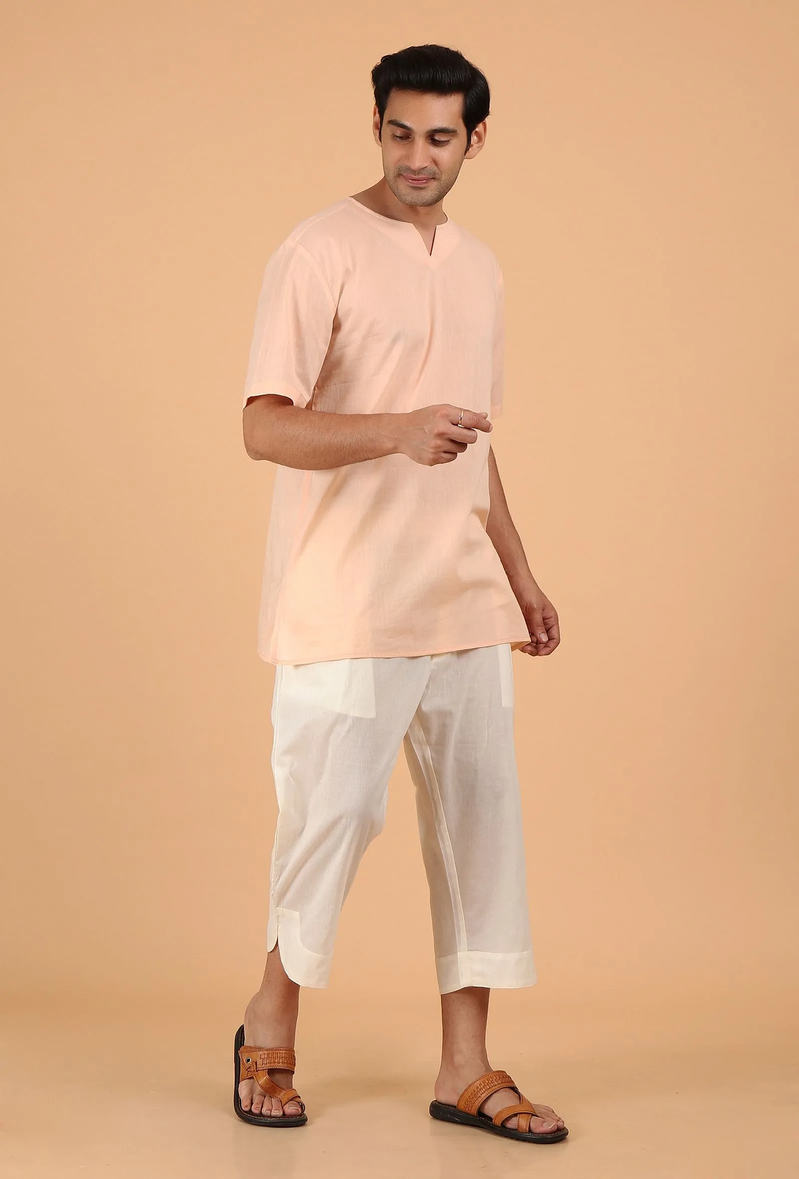 Peach Cotton Mulmul Short Kurta & White Three Quarter Pant