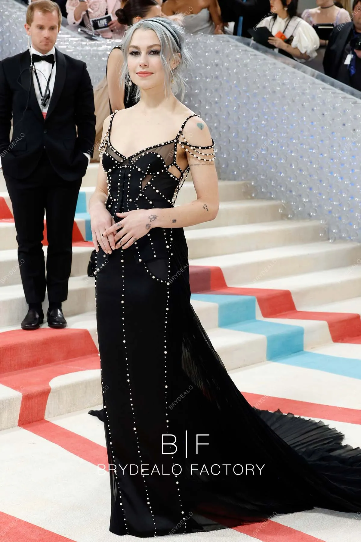 Phoebe Bridgers Met Gala 2023 Pearls Black Cold Shoulder Mermaid Dress
