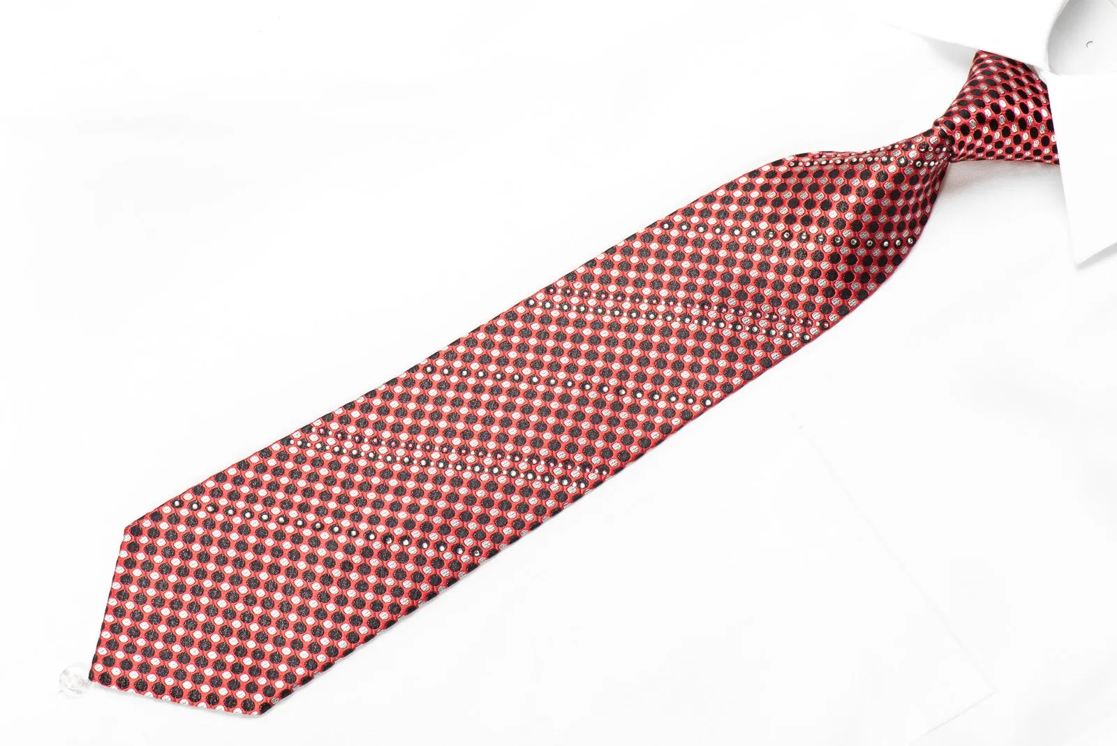 Pierre Cardin Men's Crystal Silk Necktie Black Silver Dots On Pink Sparkling With Rhinestones