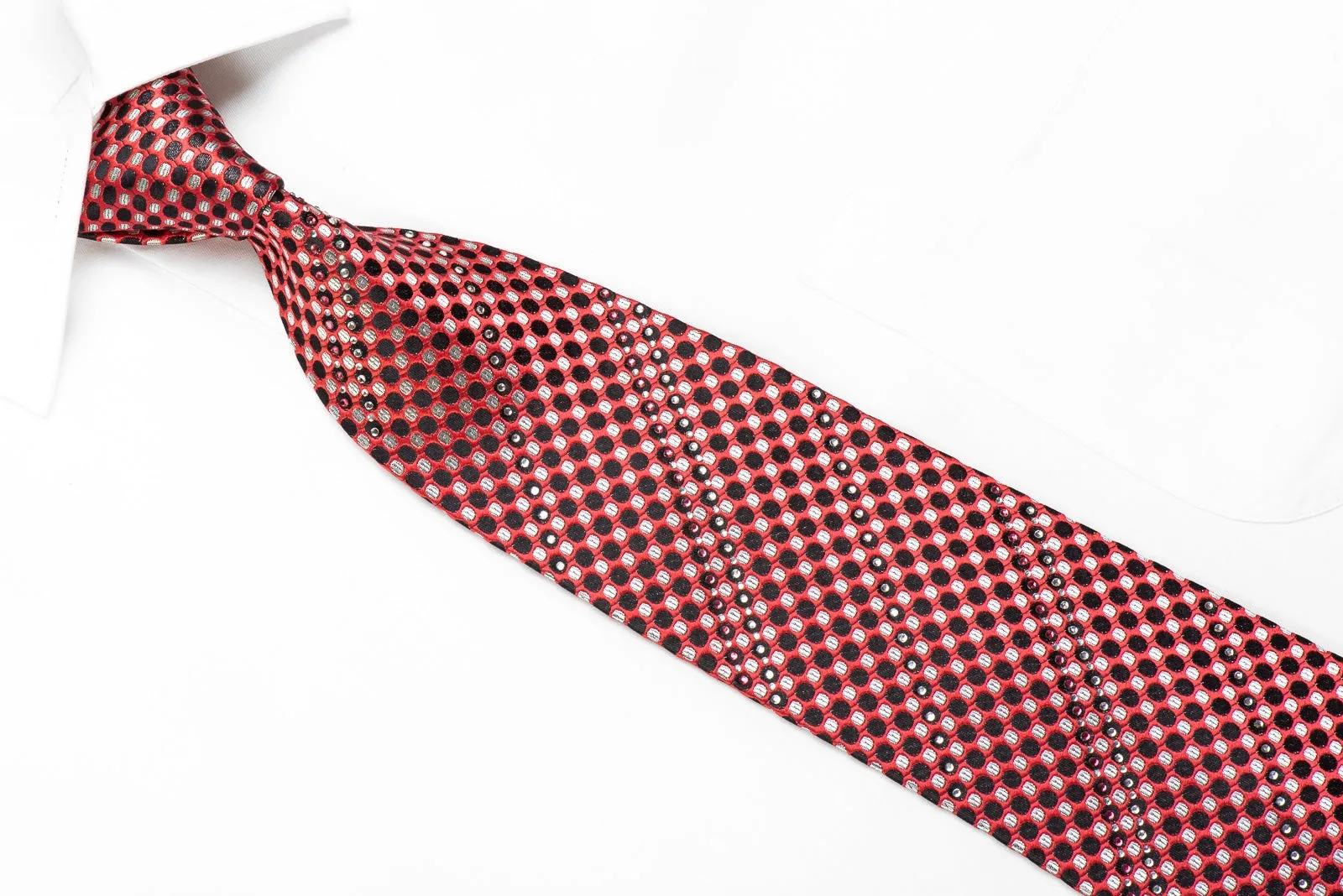 Pierre Cardin Men's Crystal Silk Necktie Black Silver Dots On Pink Sparkling With Rhinestones