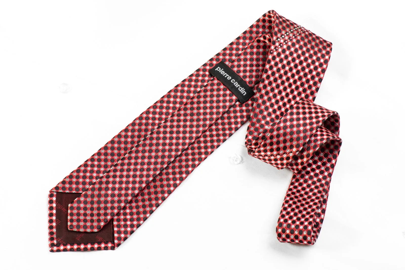 Pierre Cardin Men's Crystal Silk Necktie Black Silver Dots On Pink Sparkling With Rhinestones