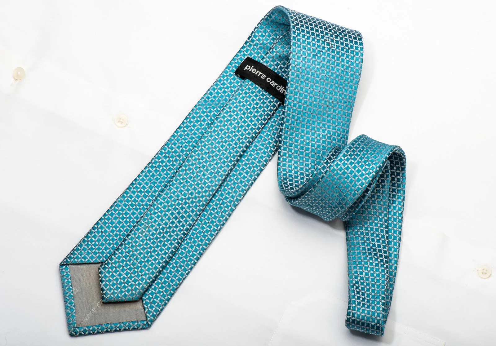 Pierre Cardin Mens Silk Necktie Silver Trellis On Turquoise Sparkling With Crystal Rhinestones