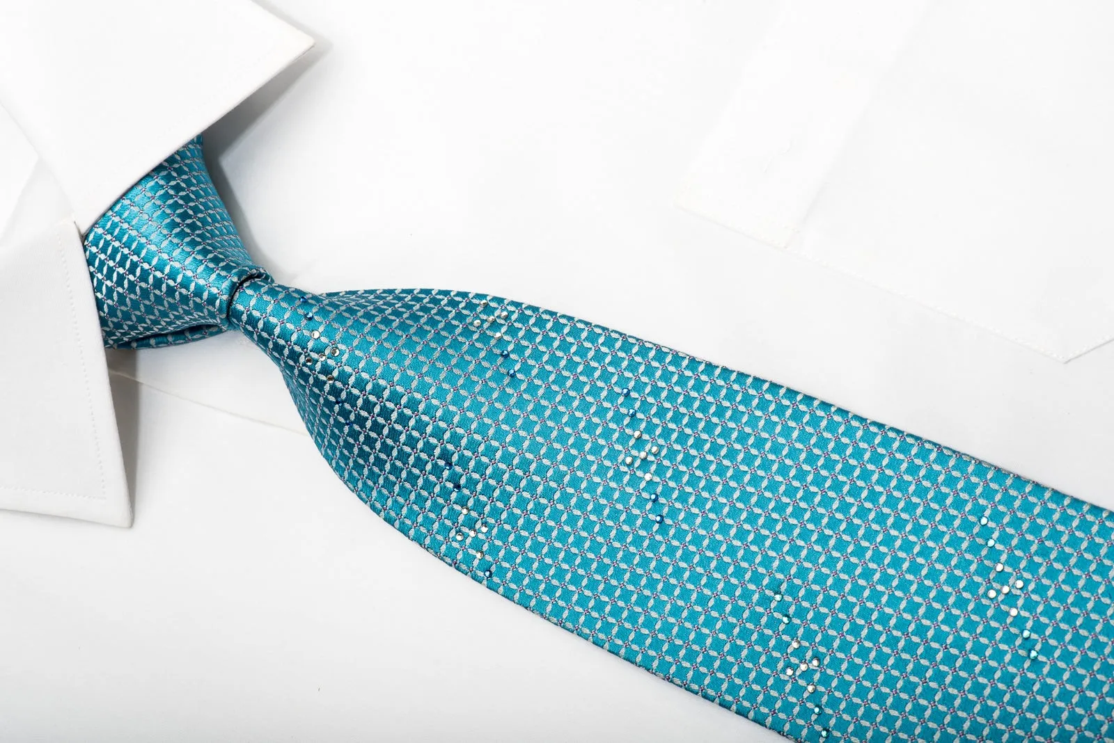 Pierre Cardin Mens Silk Necktie Silver Trellis On Turquoise Sparkling With Crystal Rhinestones