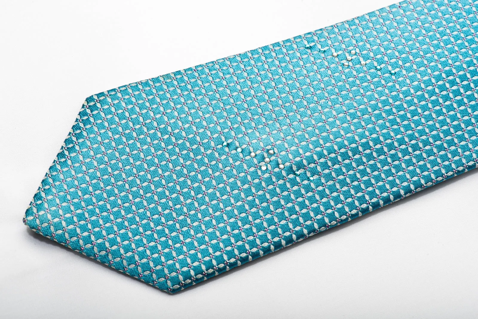 Pierre Cardin Mens Silk Necktie Silver Trellis On Turquoise Sparkling With Crystal Rhinestones