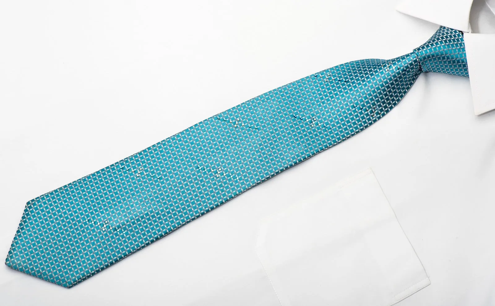 Pierre Cardin Mens Silk Necktie Silver Trellis On Turquoise Sparkling With Crystal Rhinestones