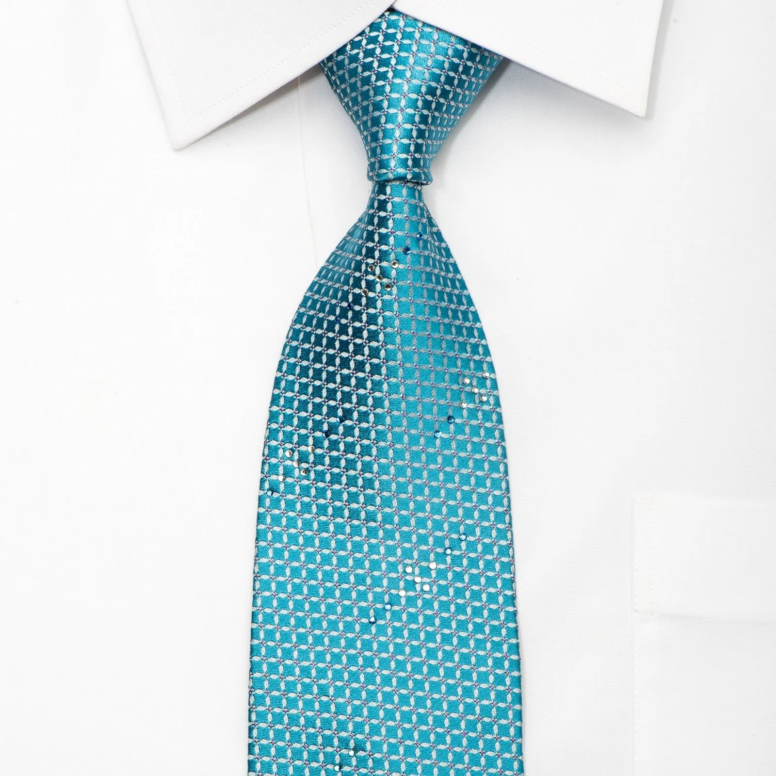 Pierre Cardin Mens Silk Necktie Silver Trellis On Turquoise Sparkling With Crystal Rhinestones