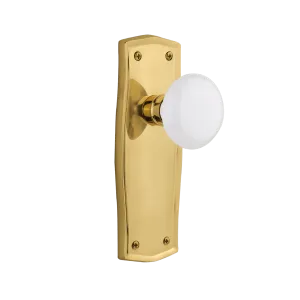 Prairie Long Plate with White Porcelain Knob in Unlacquered Brass