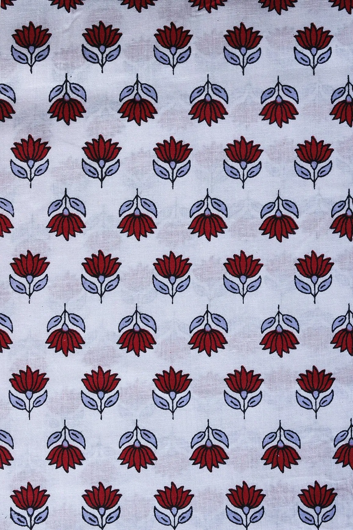 Red Floral Pattern Print On White Pure Cotton Fabric