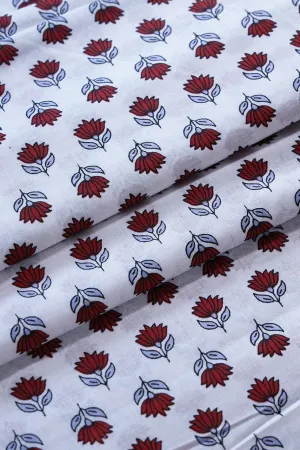 Red Floral Pattern Print On White Pure Cotton Fabric