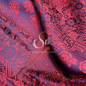 Red Silk with Mixed Flowers - PURE MULBERRY SILK fabric by the yard -  Floral Silk -Luxury Silk - Natural silk - Handmade in VietNam- Silk with Design