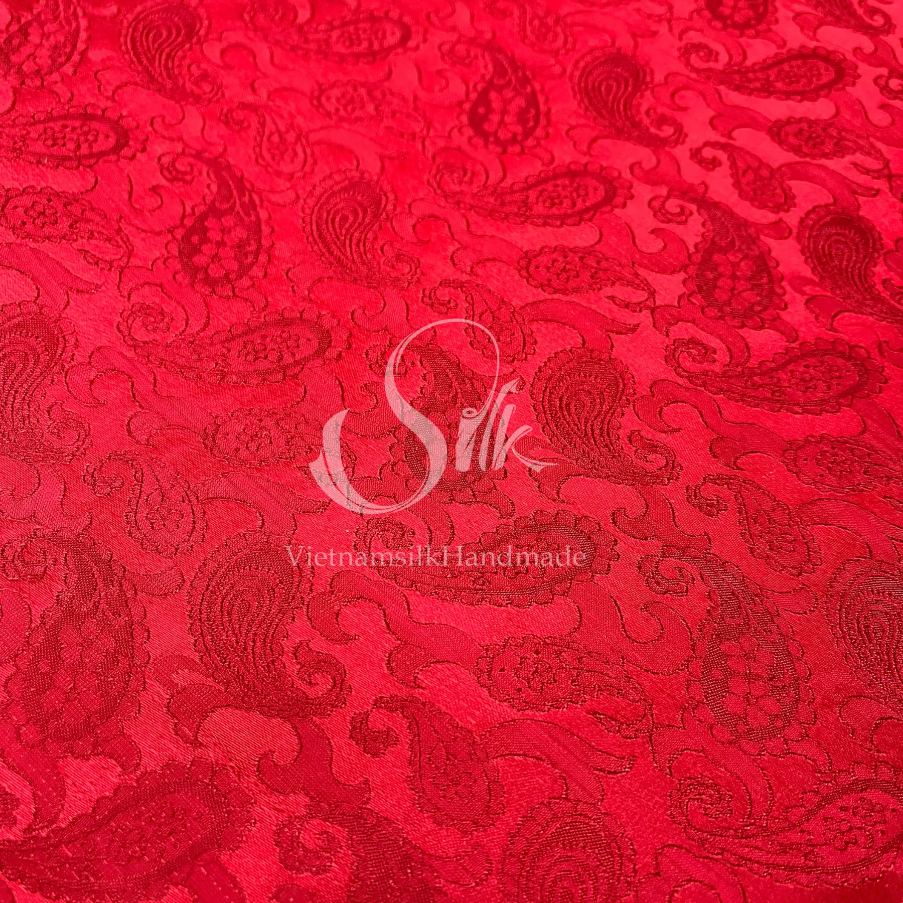 Red silk with Paisley design - PURE MULBERRY SILK fabric by the yard - Luxury Silk - Natural silk - Handmade in VietNam- Silk with Design