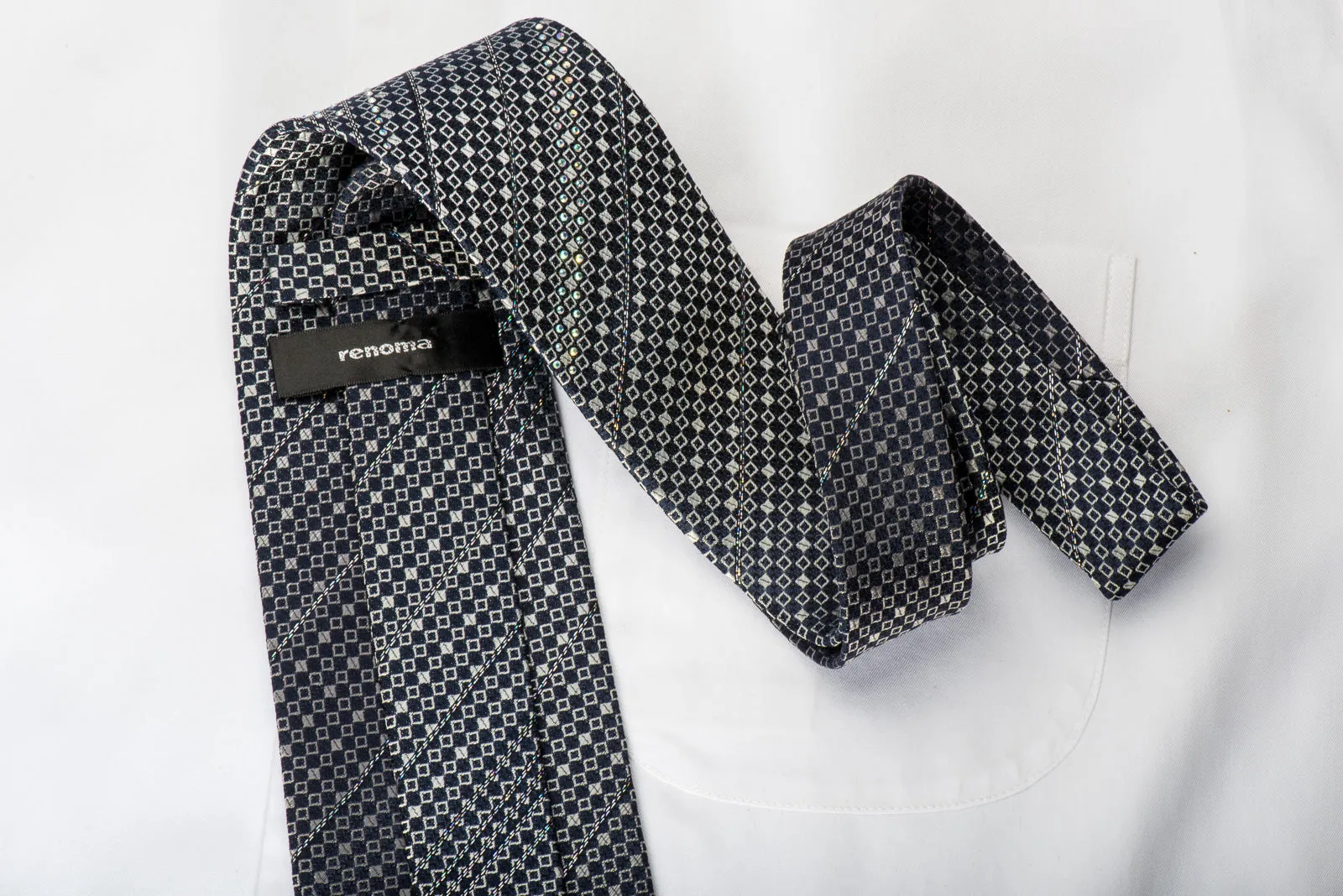Renoma Rhinestone Silk Necktie Micro Silver Squares On Navy Blue With Silver Sparkles