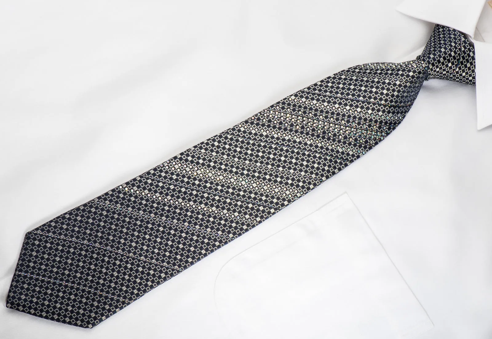 Renoma Rhinestone Silk Necktie Micro Silver Squares On Navy Blue With Silver Sparkles