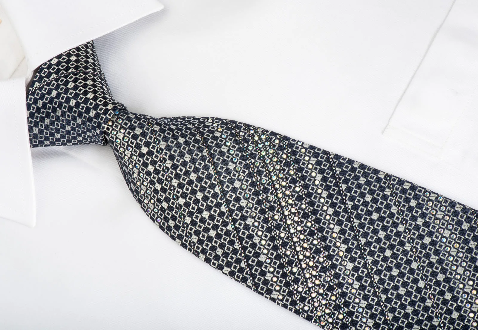 Renoma Rhinestone Silk Necktie Micro Silver Squares On Navy Blue With Silver Sparkles