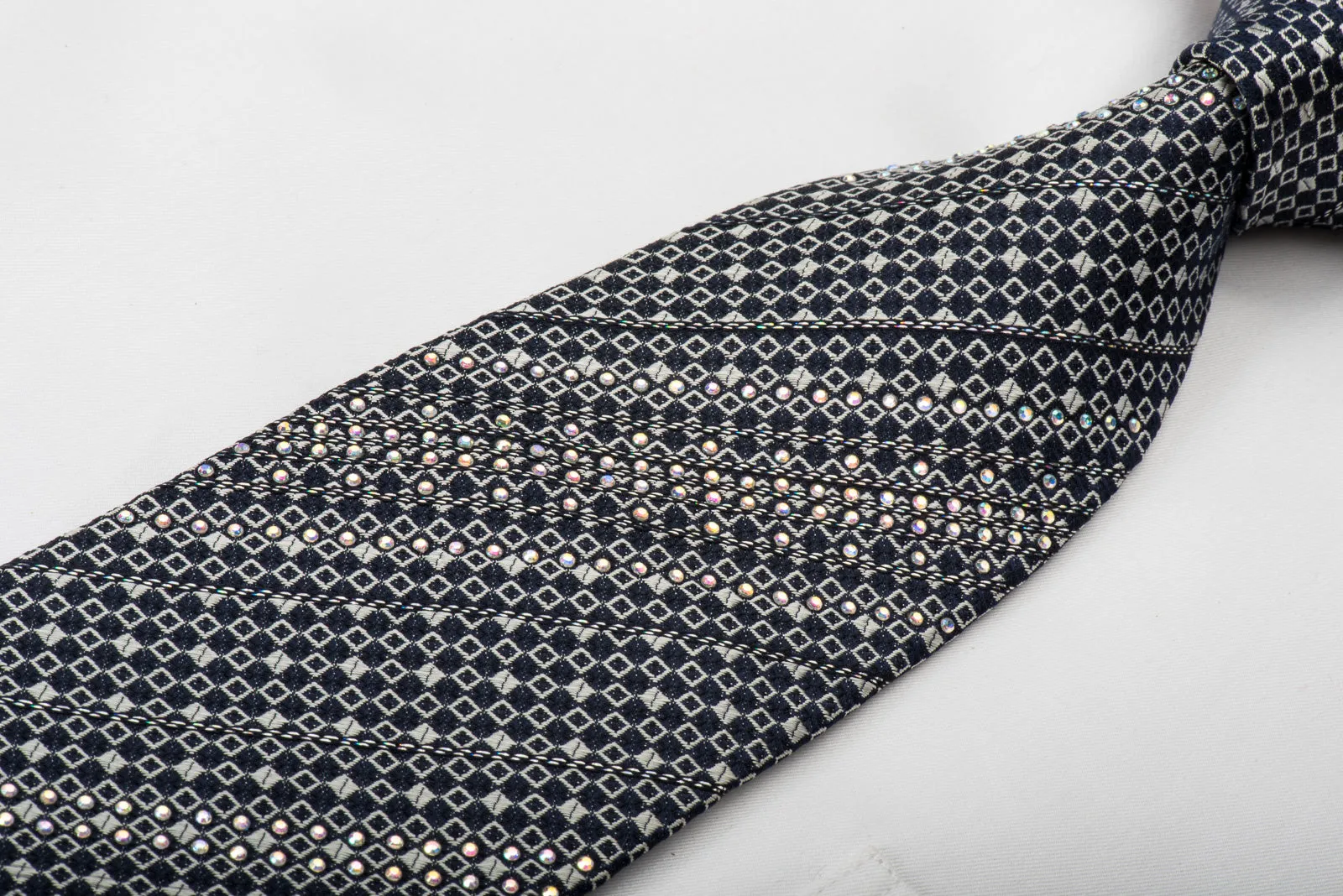 Renoma Rhinestone Silk Necktie Micro Silver Squares On Navy Blue With Silver Sparkles