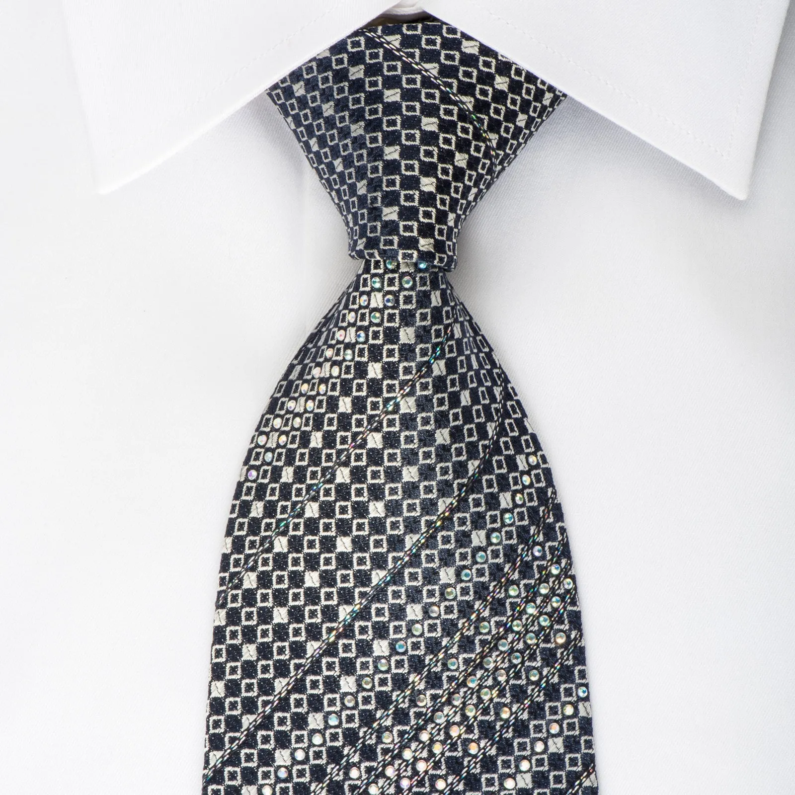 Renoma Rhinestone Silk Necktie Micro Silver Squares On Navy Blue With Silver Sparkles
